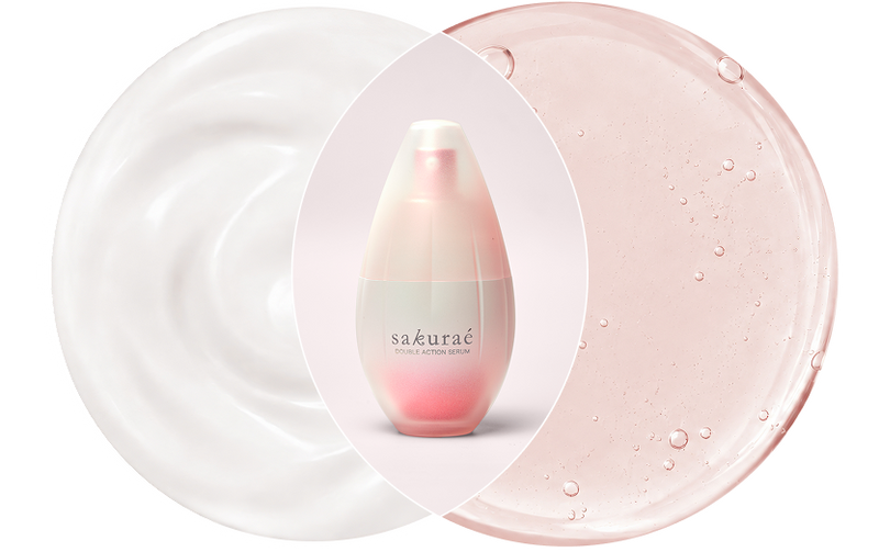 Sakura skincare product with a droplet of product on a white background